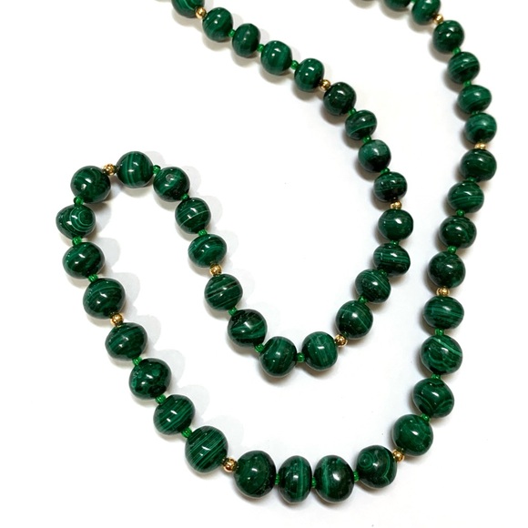 Vintage Genuine Natural Malachite Gemstone Unique Gold Plated Beads - Picture 6 of 12